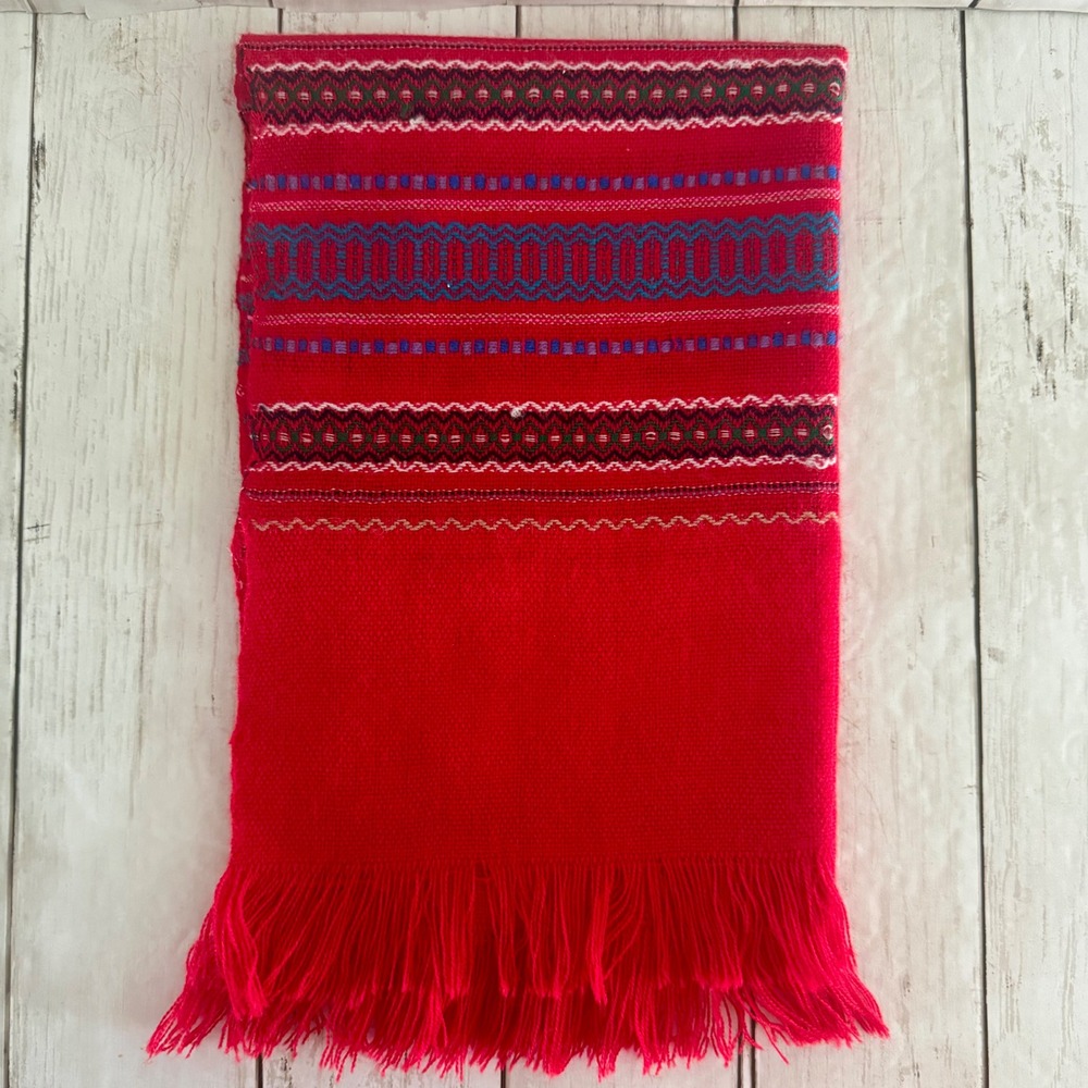 Handwoven Ecuador Red Table Runner with Geometric Folk Border and Fringe Accent